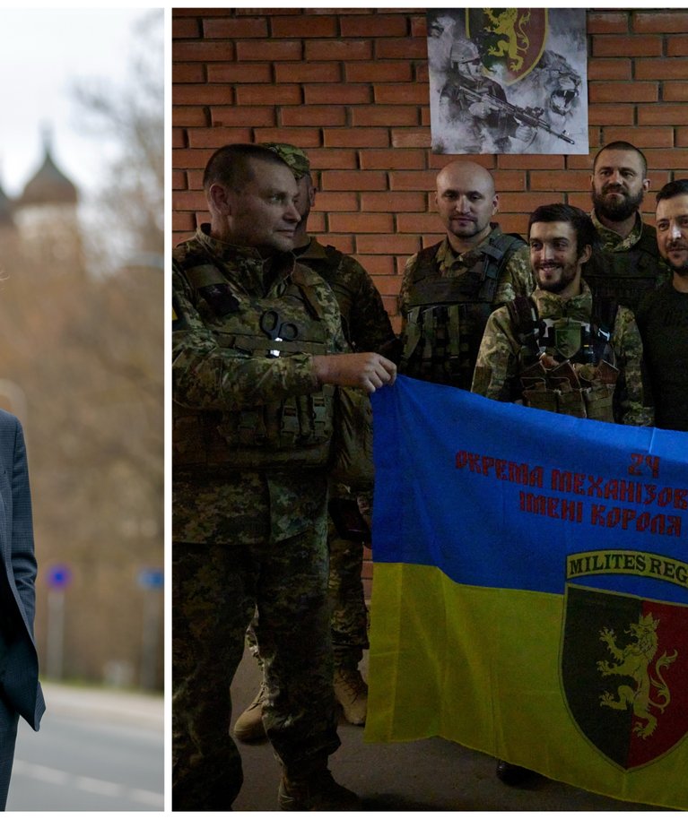 Paremal Ukraina president Volodõmõr Zelenskõi külas Donteksti võitlejatel.