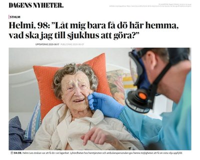 ПОСЛЕДНЯЯ НЕДЕЛЯ ЖИЗНИ ХЕЛЬМИ ЛЕЙС: История о 98-летней Хельми и ее попечительнице опубликована в шведской ежедневной газете Dagens Nyheter. Снимки для статьи были сделаны фотографом Dagens Nyheter Лоттой Херделин.