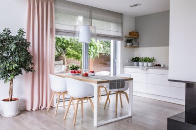 Gray,Roman,Shades,And,A,Pink,Curtain,On,Big,,Glass