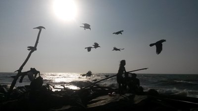 Kohalik perekond Sri Lanka rannas, kaaslasteks linnud. 