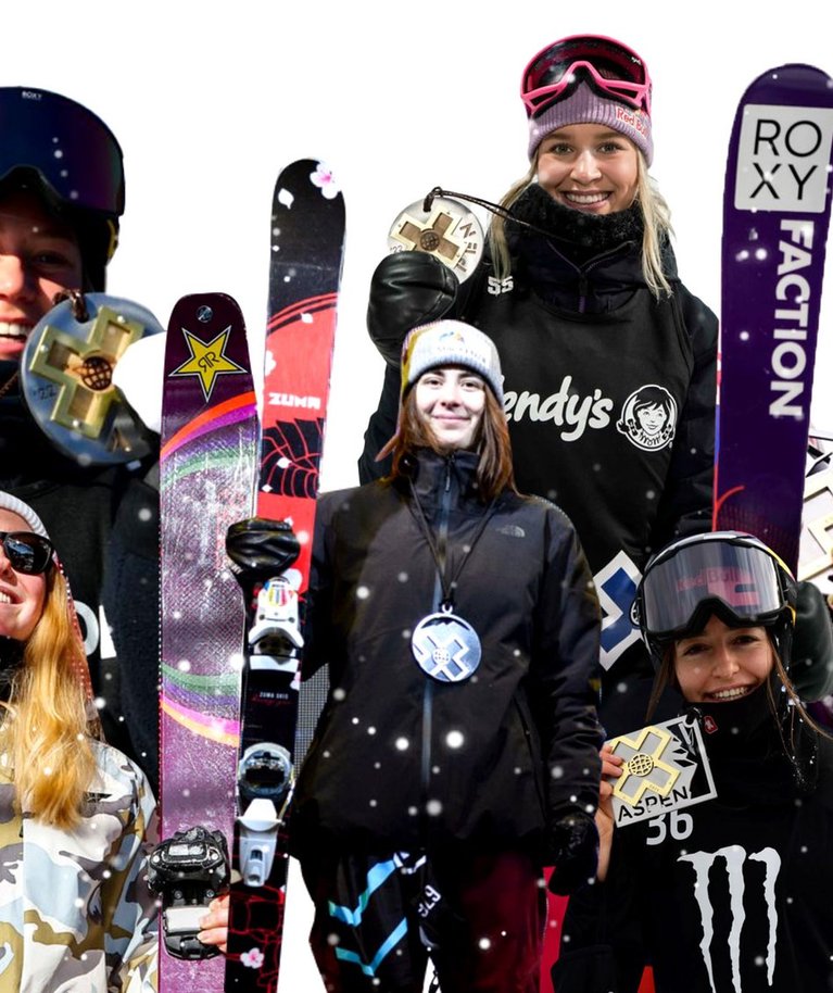 X-Mängude seekordsed soosikud. Vasakult ülevalt: Tess Ledeux, Kelly Sildaru, Johanne Killi, Rachael Karker, Mathilde Gremaud ja Eileen Gu.
