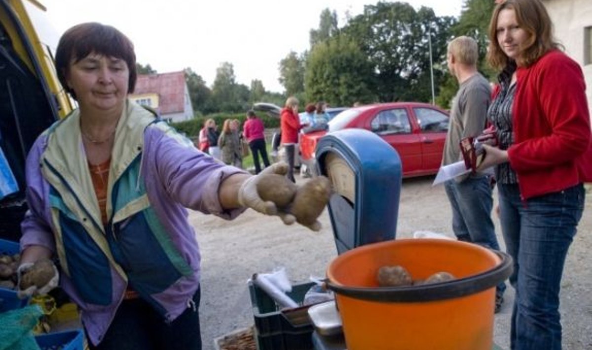 Inna Malm (ülemisel pildil) pakub ostjatele oma põllu kartulit. 