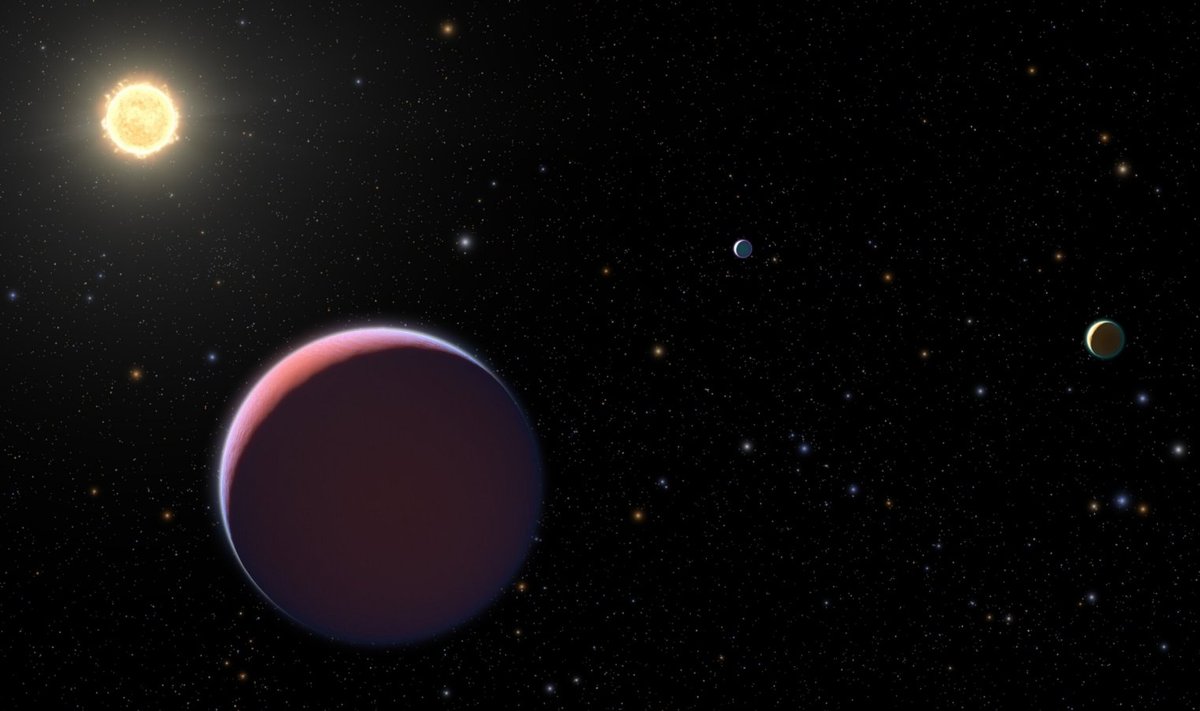 Kepler 51 ja selle ümber tiirlevad planeedid kunstniku nägemuses.
