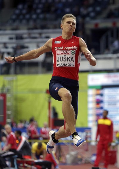 Juska of the Czech Republic competes in the men's jong jump event during the IAAF European Indoor Championships in Prague