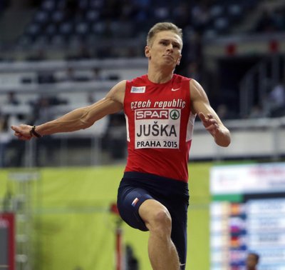 Juska of the Czech Republic competes in the men's jong jump event during the IAAF European Indoor Championships in Prague