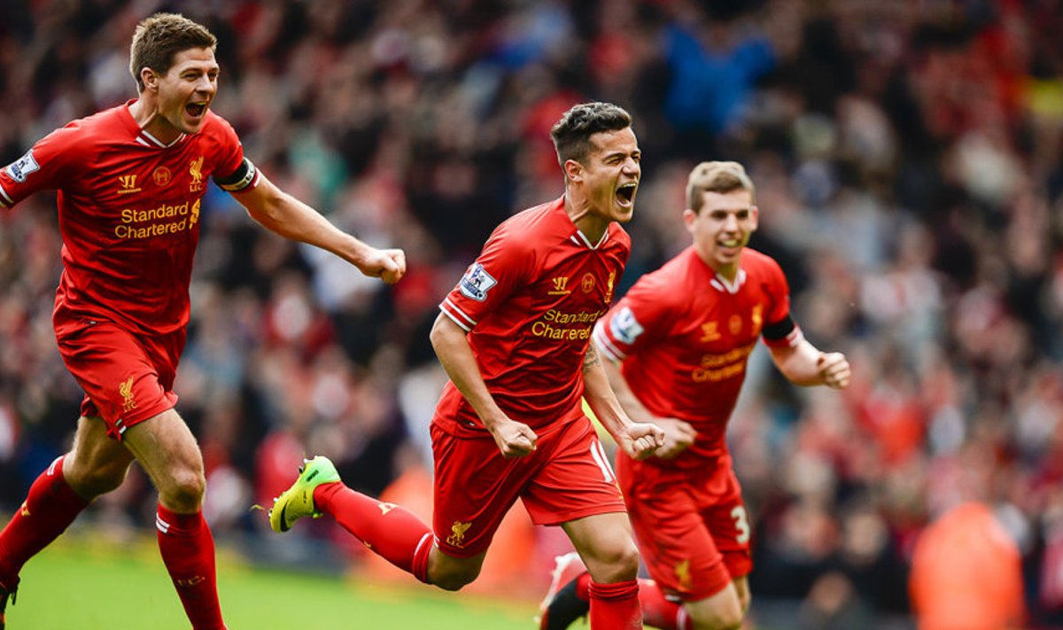Pärast seda, kui Philippe Coutinho (keskel) saatis Manchester City võrku otsustava palli, usub Steven Gerrard (vasakul) oma meeskonda jäägitult.