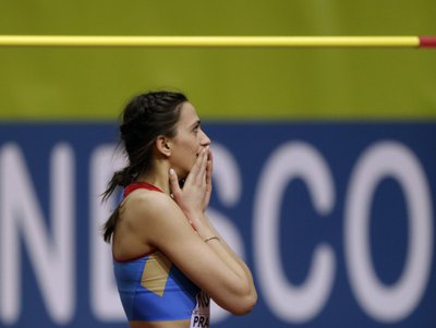 Kuchina of Russia reacts after winning the women's high jump event during the IAAF European Indoor Championships in Prague