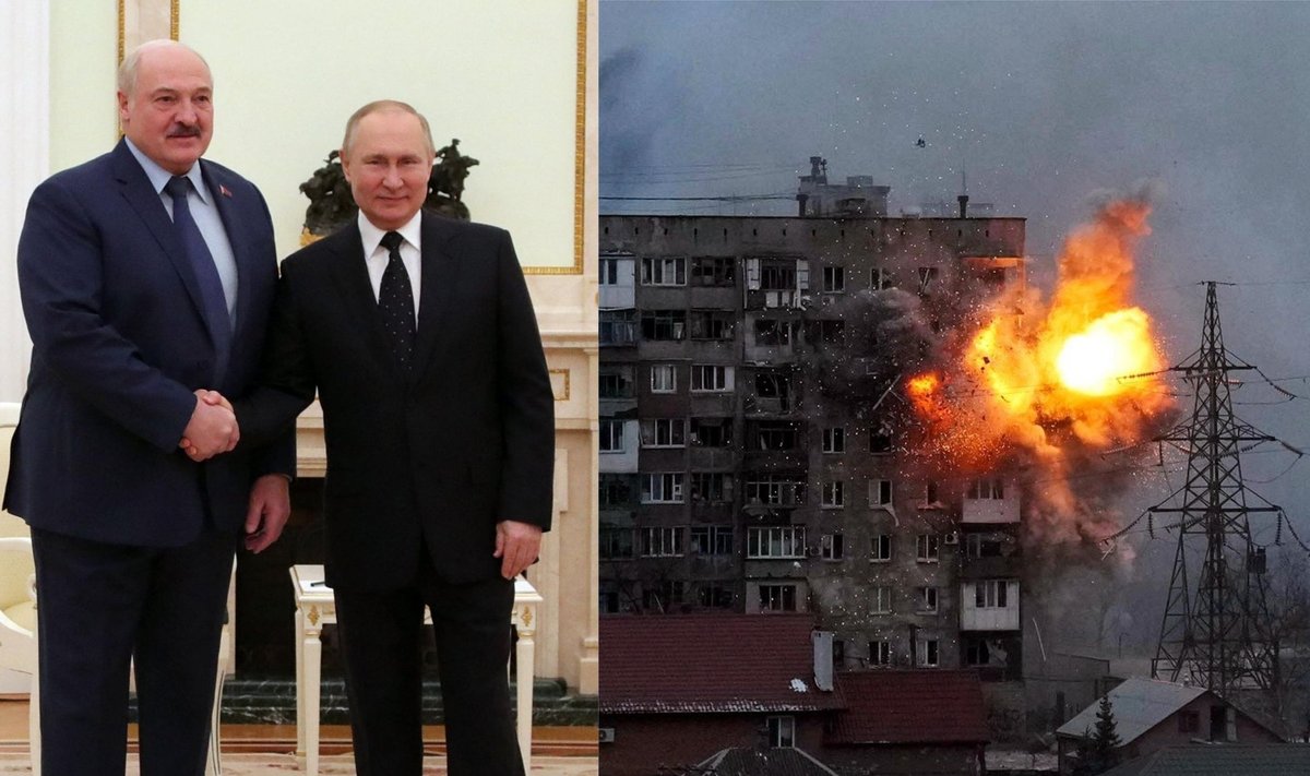 KOHUTAVAD KONTRASTID: Vasakul oleval pildil on jäädvustatud Lukašenka ja Putini kohtumine 11. märtsil. Parempoolsel pildil on jäädvustatud hetk samuti tänasest ehk 11. märtsist, mil Vene vägede pomm tabas Mariupolis asuvat kortermaja.