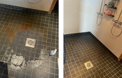 Katlakiviga rikutud põrand enne ja pärast pinnakaitsevahendiga töötlemist