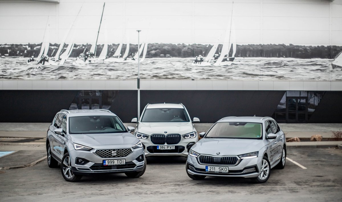 Kolme hinnaklassi parimad pereautod: Seat Tarraco, BMW X5 ja Škoda Octavia.