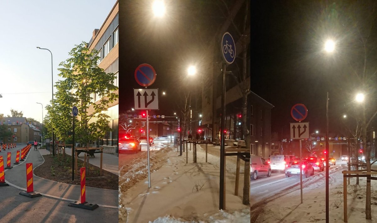Suvel rajatud rattatee haihtus lume tulekuga, mistõttu eemaldas linnavalitsus sealt rattatee märgi.