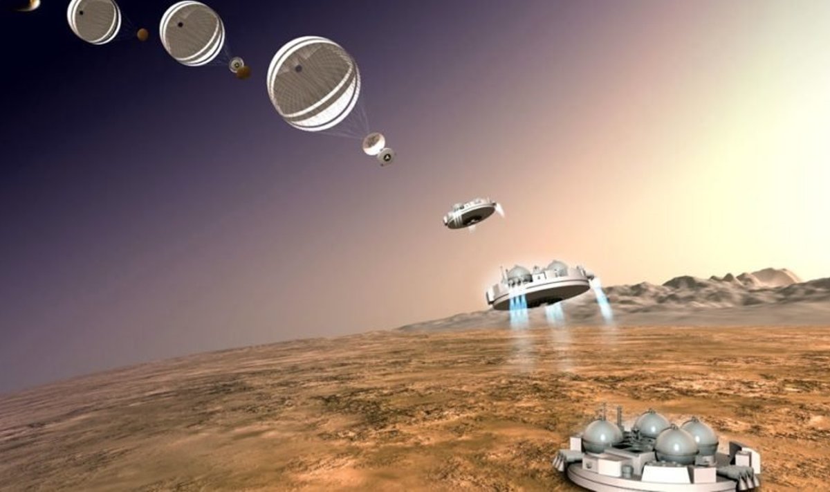 Kunstniku nägemus Schiaparelli maandumisest Marsile. Tegelikult hülgas maandumisseade langevarju 3,7 km kõrgusel, lülitas korraks sisse maandumismootorid, seejärel aga kukkus alla. Kujutis: ESA