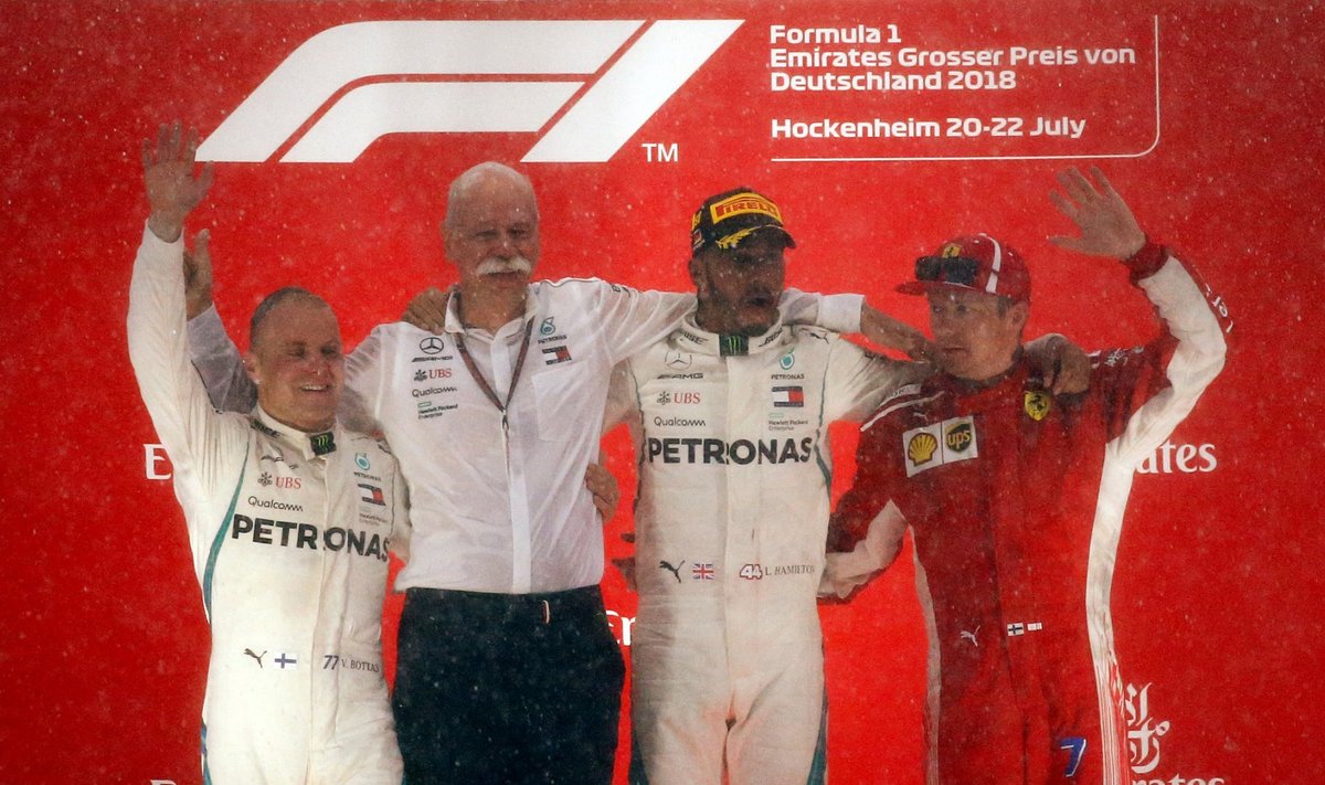 F1 MM-sarja Saksamaa GP poodium. Hamilton võitis lootusetu seisu kiuste.