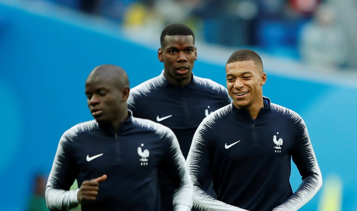 N'Golo Kante, Paul Pogba ja Kylian Mbappe.