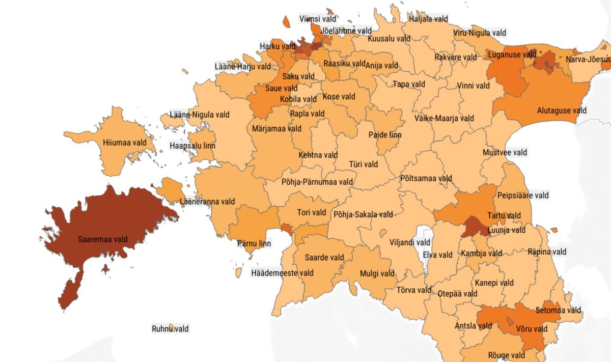 Terviseameti koroonakaart koos omavalitsuste haigestumuse andmetega, mida tumedam piirkond, seda enam haigust, täpsemalt siit: https://www.terviseamet.ee/et/koroonaviirus/koroonaviiruse-andmestik .