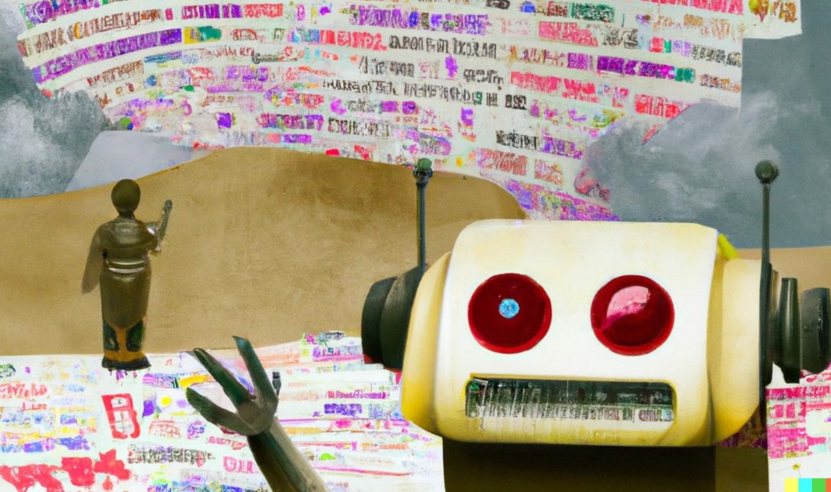 TEHISINTELLEKT JOONISTAS: Sürrealistlik pilt sõbralikust robotist, kes vaatab inimesi loomas suurt hulka teksti