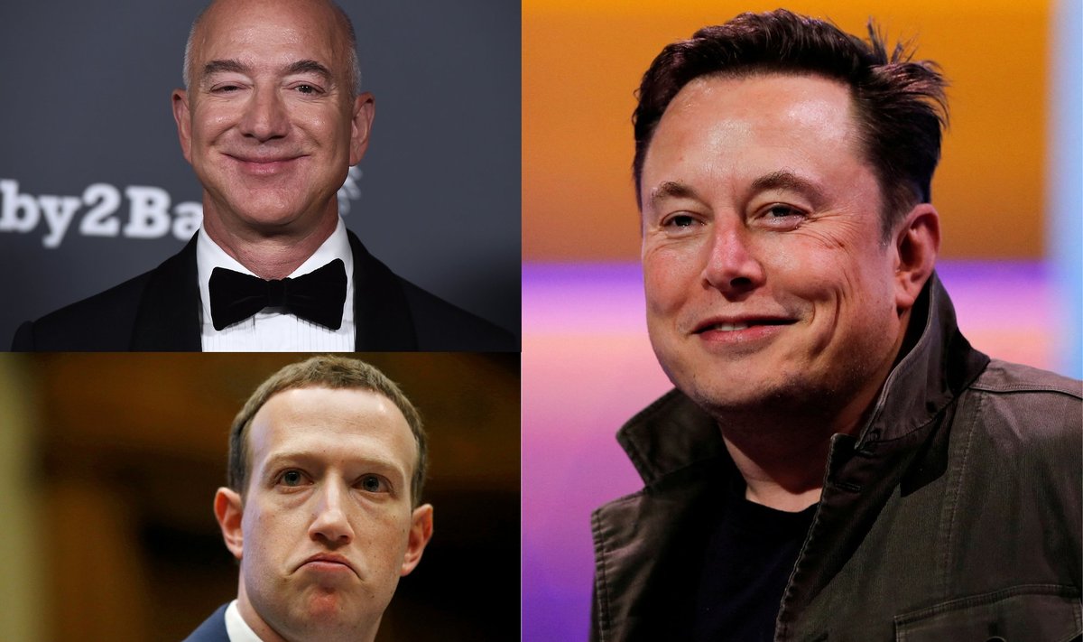Jeff Bezose (vasakul üleval), Mark Zuckerbergi (vasakul all) ning Elon Muski (paremal) varade väärtus on sel aastal oluliselt vähenenud, kuid kõik kolm on jätkuvalt miljardäride edetabelis kõrgel kohal. Musk on 1., Bezos 3. ning Zuckerberg 28. kohal.