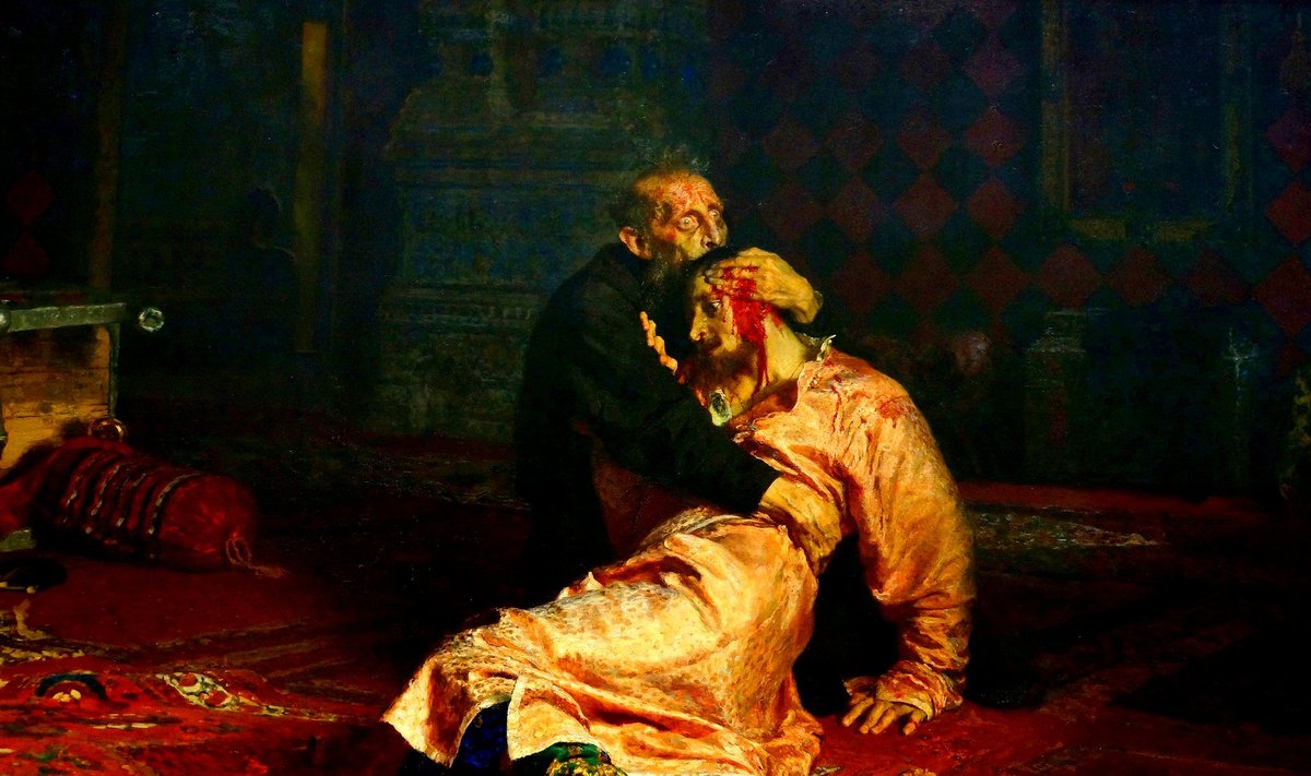 Iljar Repini maal „Ivan Julm oma poja Ivaniga 16. novembril 1581” (1885, Moskva Tretjakovi galerii)