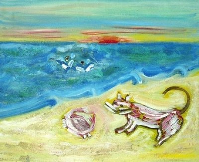 На берегу во время заката (On the shore at sunset). Автор неизвестен. Два тонущих человека остаются незамеченными на фоне драмы, разворачивающейся на берегу, где собака и краб, нарисованные одними и теми же цветами, сражаются друг с другом. 