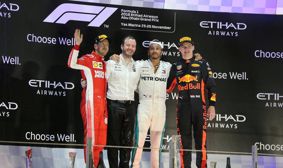 Sebastian Vettel, Lewis Hamilton ja Max Verstappeni 2018. aasta Abu Dhabi GP poodiumil