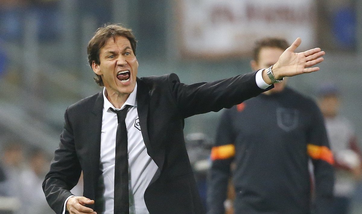 AS Roma's coach Rudi Garcia reacts during the Champions League soccer match against Bayern Munich at the Olympic stadium in Rome