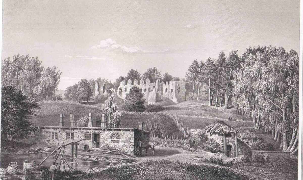 Helme linnuse varemed. Stavenhageni terasgravüür 1867. aastast.