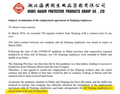 Hubei Haixin kinnitab, et uiguurid lahkusid septembris.