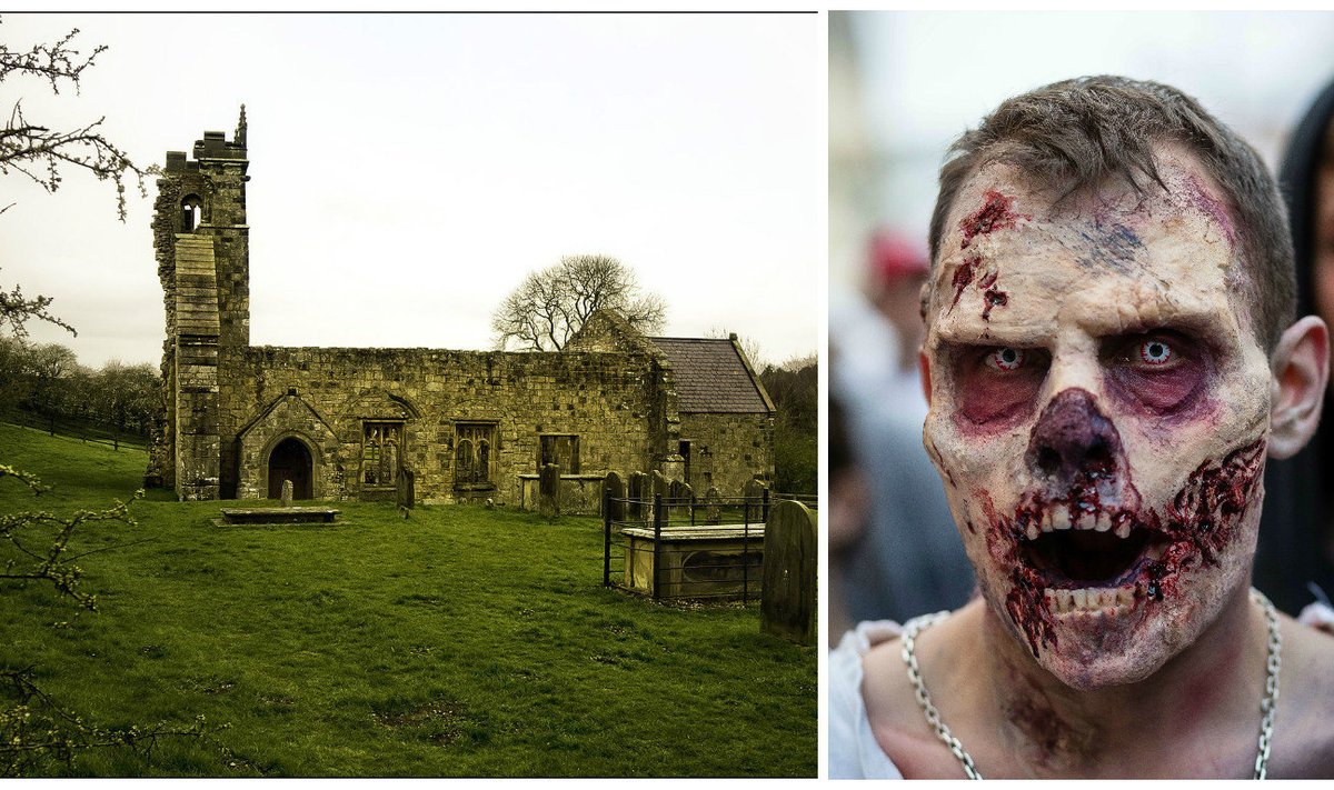 Wharram Percy 11. sajandist pärit Püha Martini kirik ja üks paari aasta taguselt Poola zombimarsilt osavõtja.