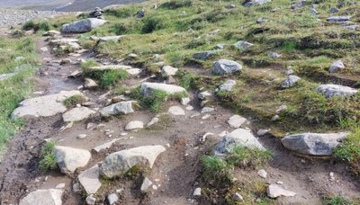 Так выглядит дорожное покрытие средней сложности на большей части маршрута — камни размером от мяча для гольфа до футбольного мяча и больше.