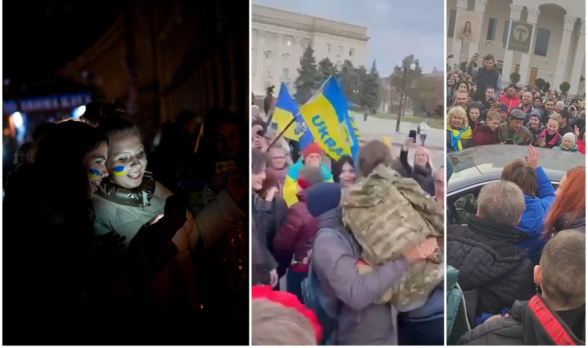 PIDU: Kiievi (vasakul) ja Hersoni elanikud tähistavad Ukraina armee Hersonisse jõudmist.