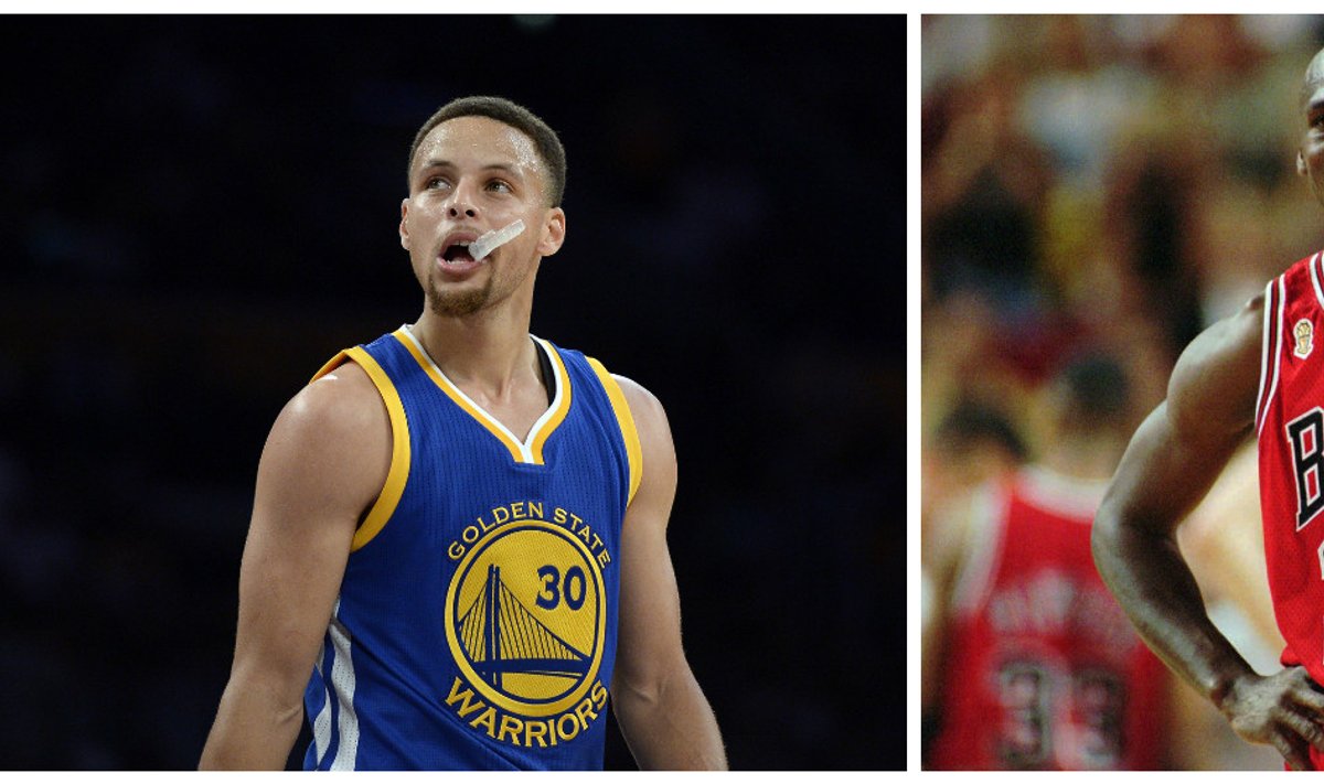 Warriorsi tänane liider Stephen Curry ja Bullsi toonane juht Michael Jordan.