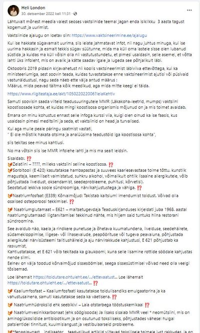 Postitus, mis paneb inimesi uskuma, et vaktsiinis olevad abiained on kahjulikud. Tegelikult on need osa paljudest igapäevatoitudest.