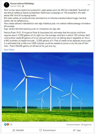 Postituses esitatud numbrid on valed ja tuuleenergia on tegelikult üks keskkonnasõbralikemaid energiaallikaid