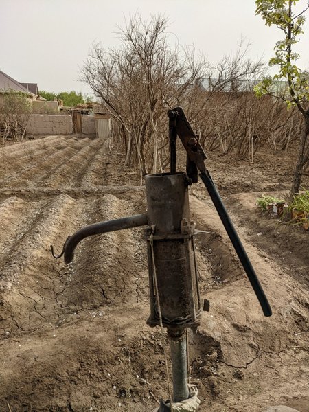 Istandust ja põllumaad kastetakse käsipumbaga kaevust vett otse niisutuskraavidesse pumbates.