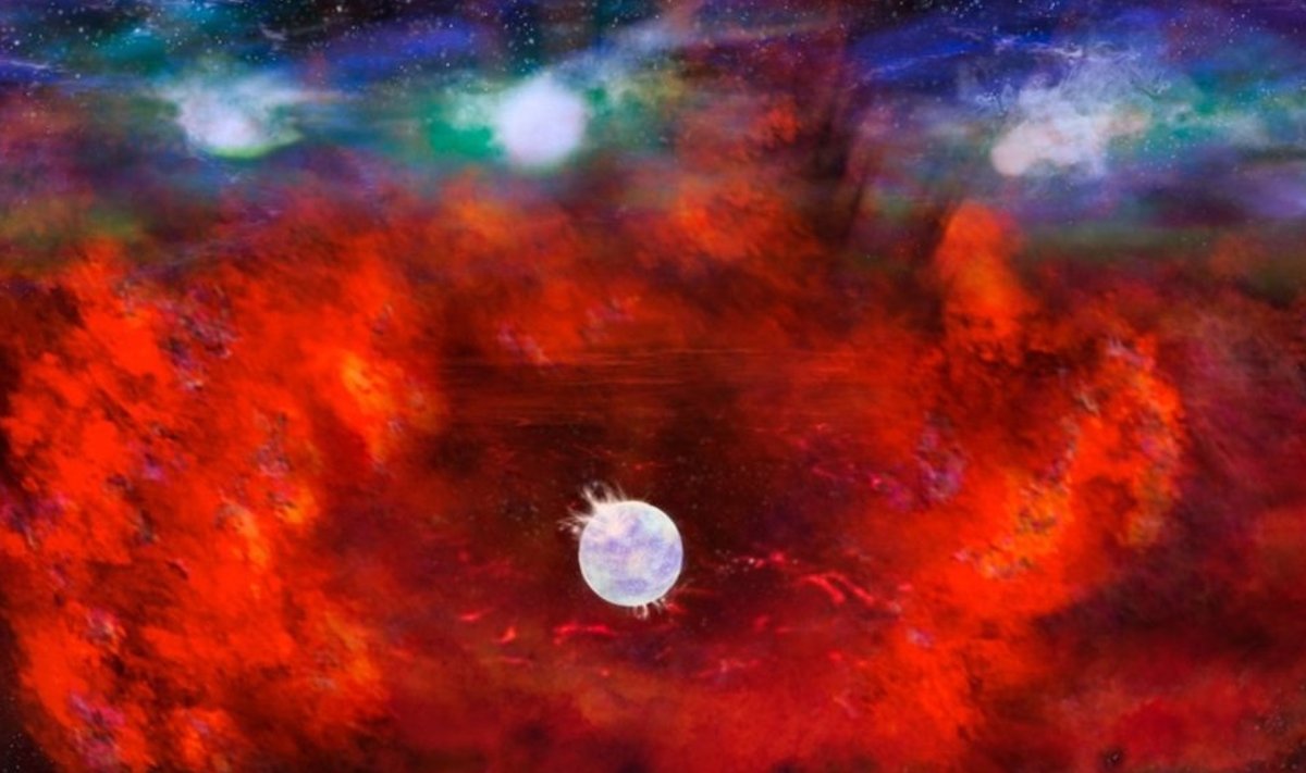 Kunstniku nägemus: sinivalge neutrontäht punase ülikuuma tolmu sees (NRAO / AUI / NSF, B. Saxton)