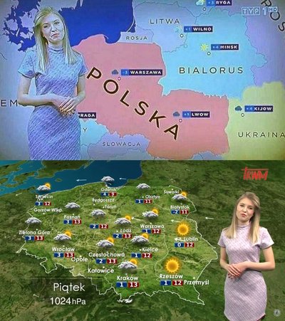 Вирусный кадр (сверху) и скриншот выпуска прогноза погоды на телеканале Trwam за 27 марта 2020 года.