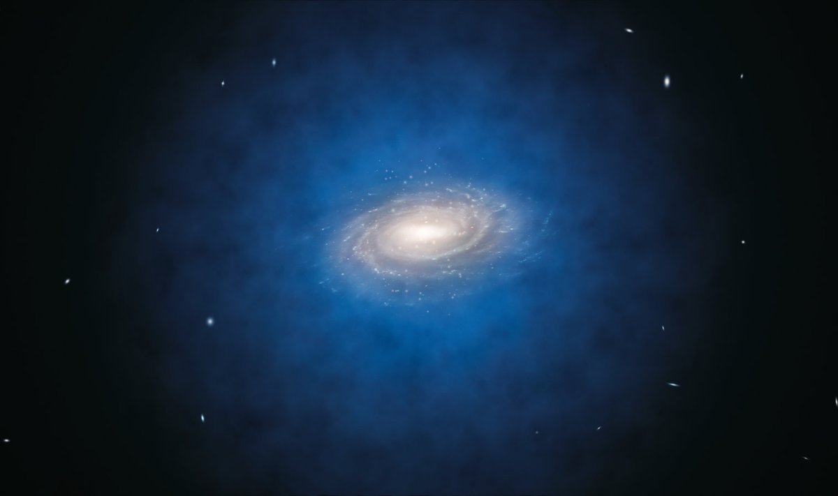 Kunstniku nägemus sinisega märgitud tumeaine jagunemisest meie kodugalaktika Linnutee ümber (pilt: ESO, L. Calçada / CC BY-SA 4.0 / Wikimedia Commons)