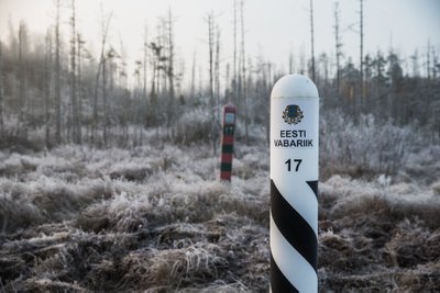 Piiripostide paar number 17. Tänavu kevadel jõudsid lõpusirgele tööd Eesti ja Venemaa vahelisel kontrolljoonel, kuhu piiriehituse tööde käigus paigaldati 780 piiriposti ja vahepiiriposti. Taga paistab ka puna-roheline Vene piiripost.