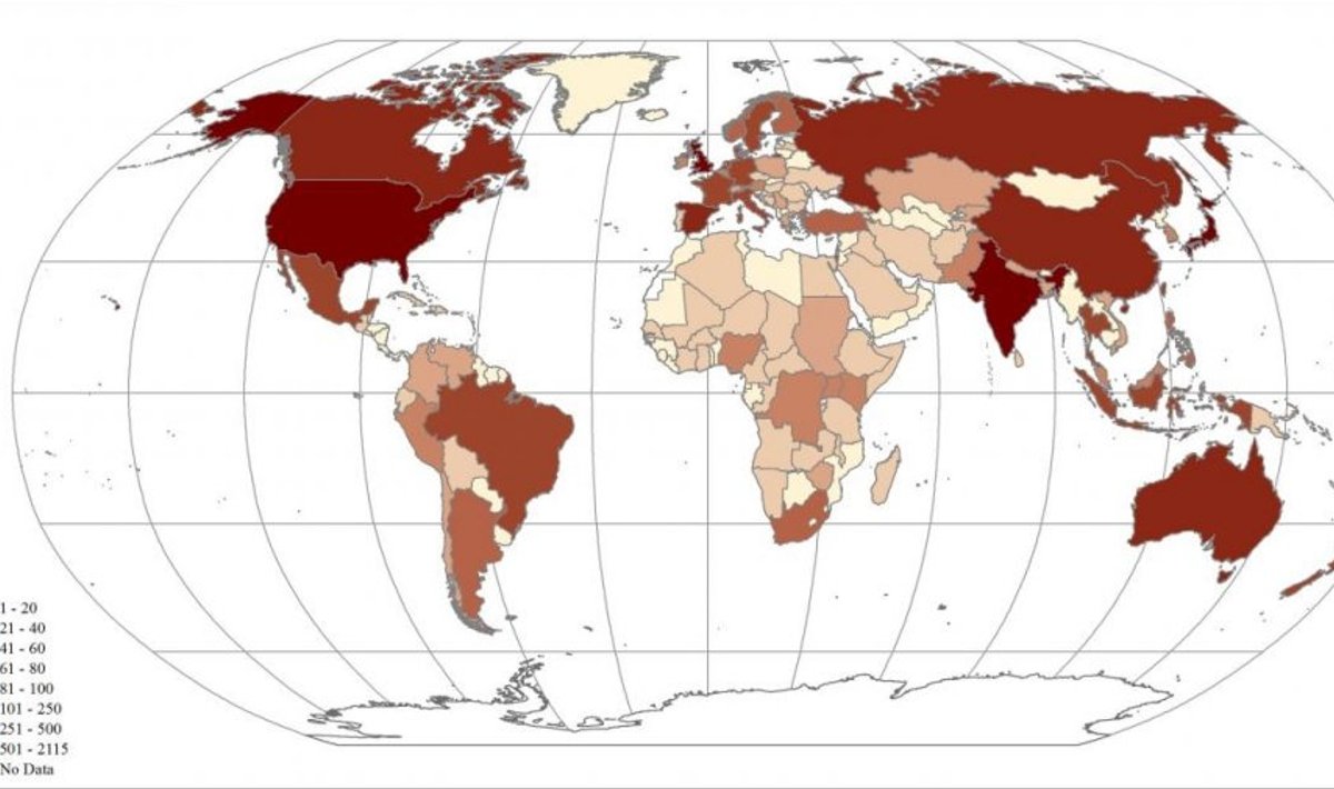 Haiguspuhangute koguarv riigiti alates 1980. a. (Foto: Browni ülikool)
