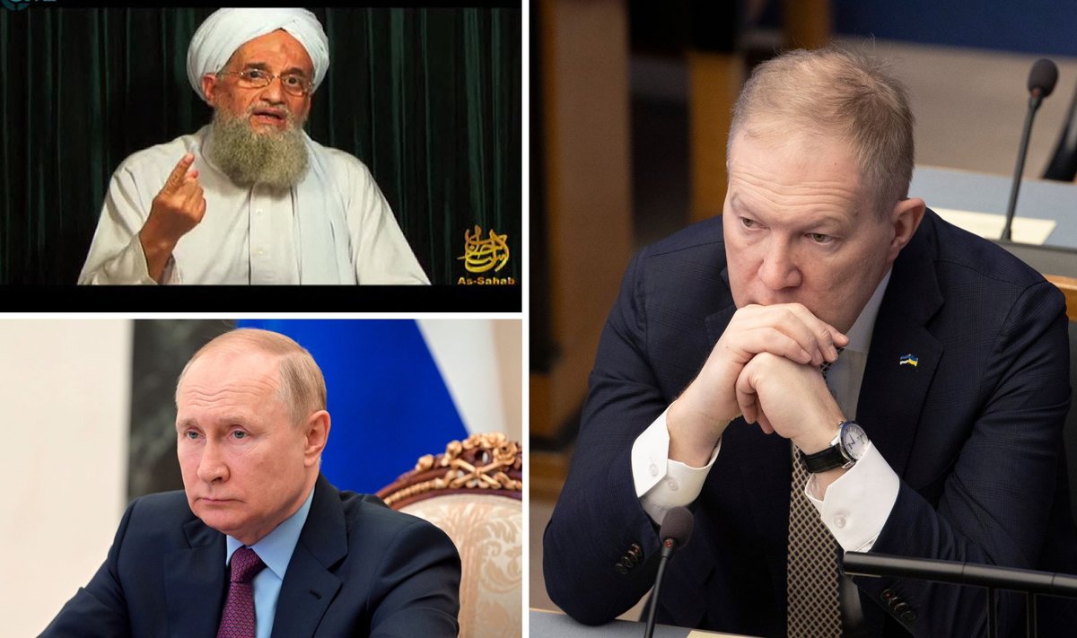 Marko Mihkelson (paremal), Vladimir Putin (vasakul all), Ayman al-Zawahiri (vasakul üleval). Kollaaž.