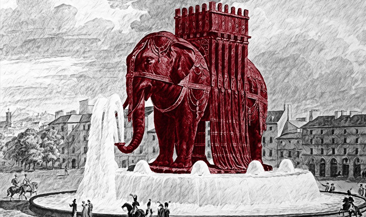Aastatel 1813–1846 Pariisis Bastille´ väljakul kõrgunud kipsist elevant. Jean-Antoine Alavoine akvarell. 