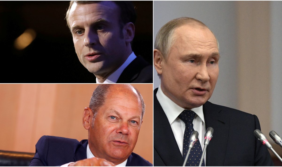 Vasakul ülal Macron, vasakul all Scholz, paremal Putin.