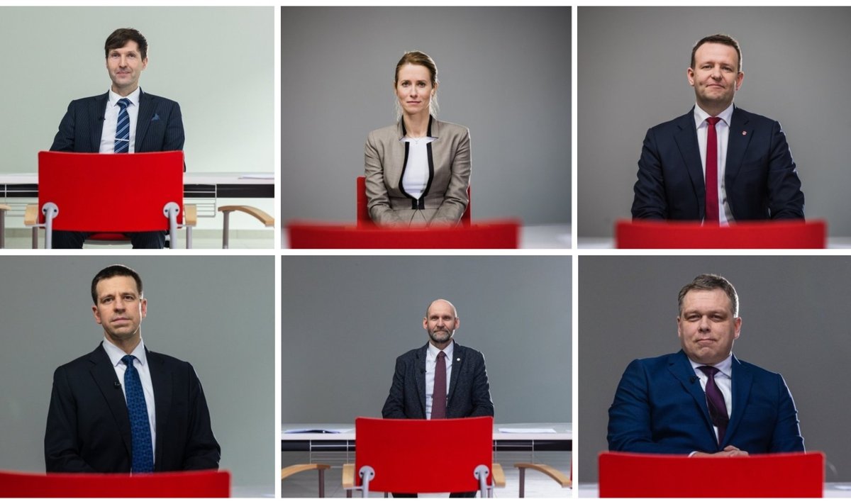 Ülevalt vasakult Martin Helme, Kaja Kallas, Lauri Läänemets, alt vasakult Jüri Ratas, Helir-Valdor Seeder, Lauri Hussar