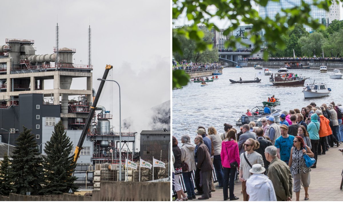 Vasakul VKG tööstus. Paremal Tartu meeleavaldus tselluloositehase vastu. Fotod illustreerivad