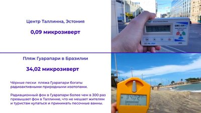 Верхнее фото – центр Таллинна. Нижнее фото – пляж Гуарапари в Бразилии. Черные пески этого пляжа богаты радиоактивными природными изотопами. Радиационный фон в Гуарапари более чем в 300 раз превышает фон в Таллинне, что не мешает жителям и туристам купаться и принимать песочные ванны