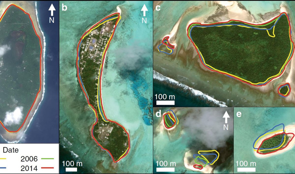 TUVALU SAARED 1971 - 2014: Mõned saared on kasvanud umbes 3-5 hektari võrra, teised vähenenud pool hektarit.
