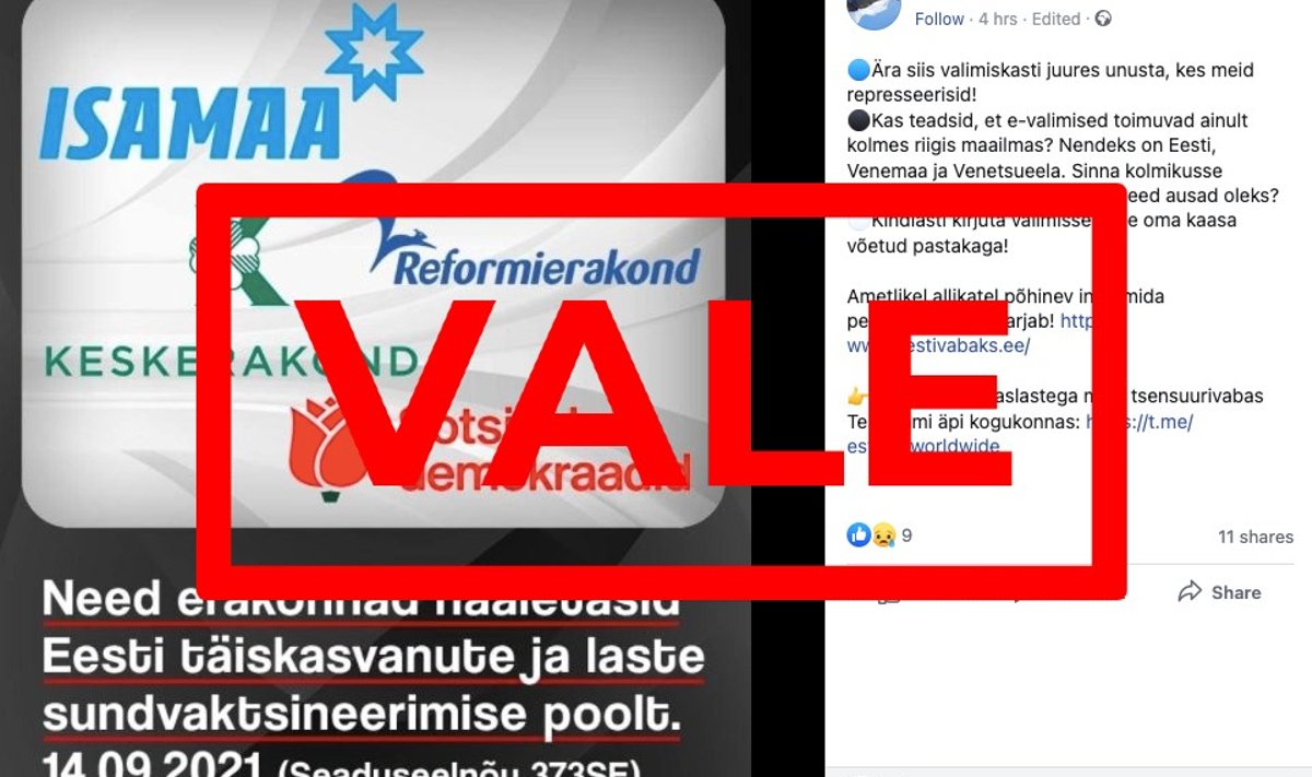 Facebooki lehekülg “Eestimaa taas vabaks” levitab valeinfot vaktsineerimise ja valimiste kohta.