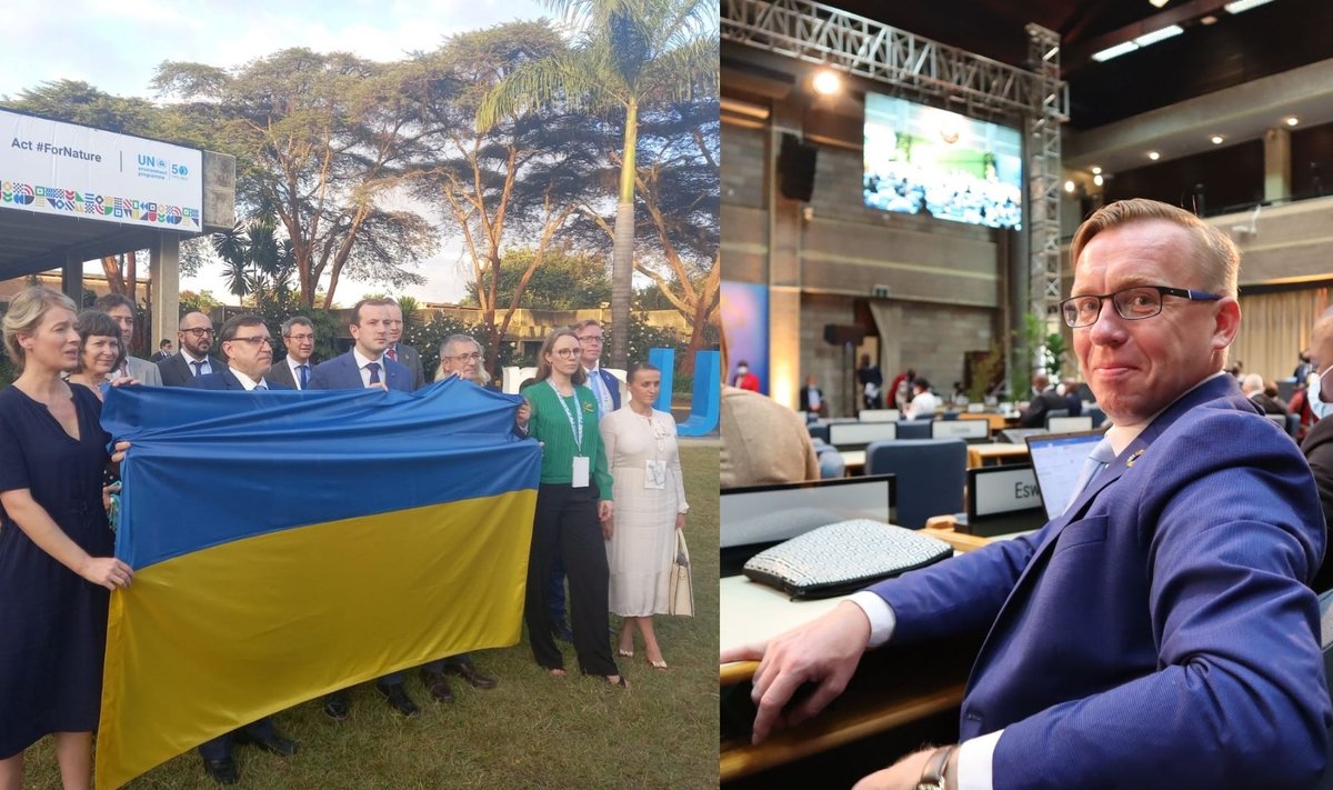 Eesti esindaja ÜRO keskkonnaprogrammis Ado Lõhmus (paremal) avaldamas Ukrainale toetust koos teiste Euroopa riikide esindajatega (vasakul), sh Euroopa Komisjoni keskkonnavoliniku Virginijus Sinkevičiusega.