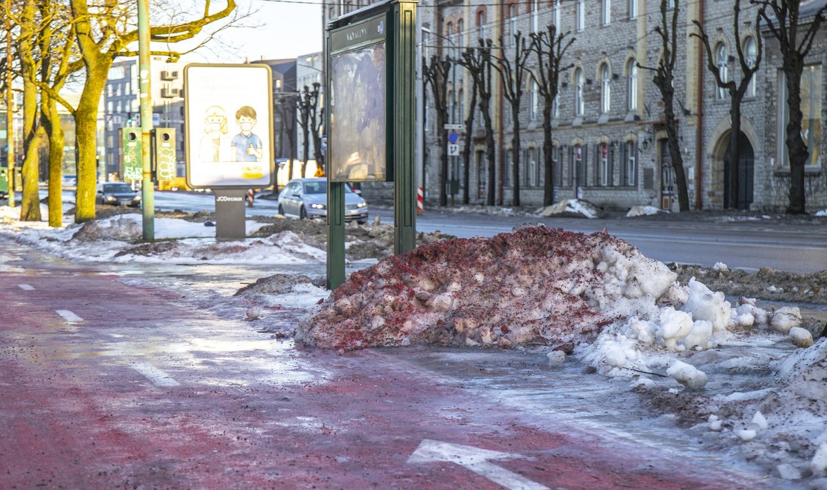 Talve jooksul on Tallinna rattateede värv maha koorunud ja lumehangedki punaseks värvinud.