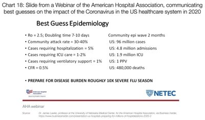 Slaid Ameerika haiglate liidu webinarilt, mis näitab epidemioloogilisi ennustusi koroonaviiruse mõjude kohta USA tervishoiusüsteemile aastal 2020.